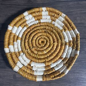 Handmade Bowl 10" Round Trivet Wall Art Hanger White Brown Woven